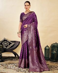 AXONIT Women's Silk Blend Banarasi Jacquard Classic Motif Design Saree with Unstitched Blouse Piece