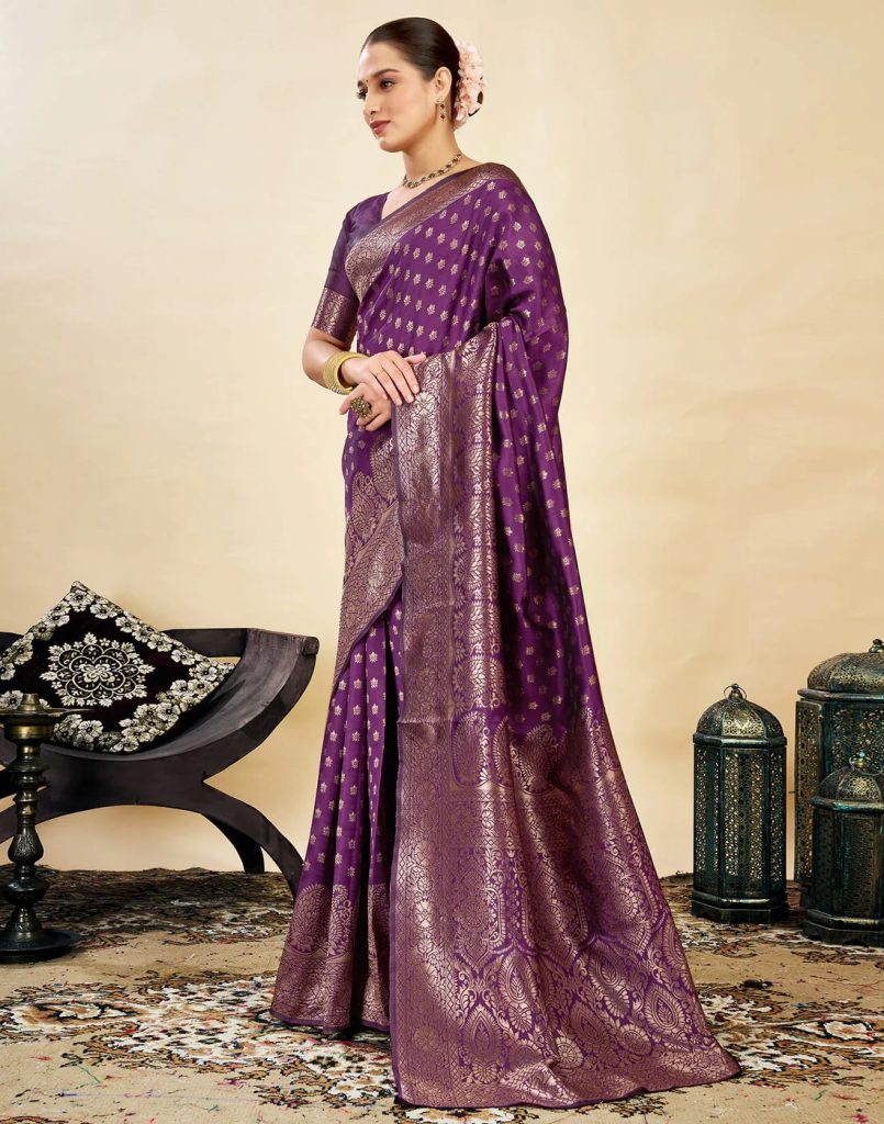 AXONIT Women's Silk Blend Banarasi Jacquard Classic Motif Design Saree with Unstitched Blouse Piece