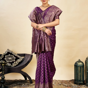 AXONIT Women's Silk Blend Banarasi Jacquard Classic Motif Design Saree with Unstitched Blouse Piece