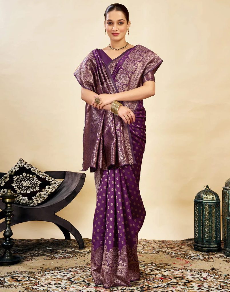 AXONIT Women's Silk Blend Banarasi Jacquard Classic Motif Design Saree with Unstitched Blouse Piece
