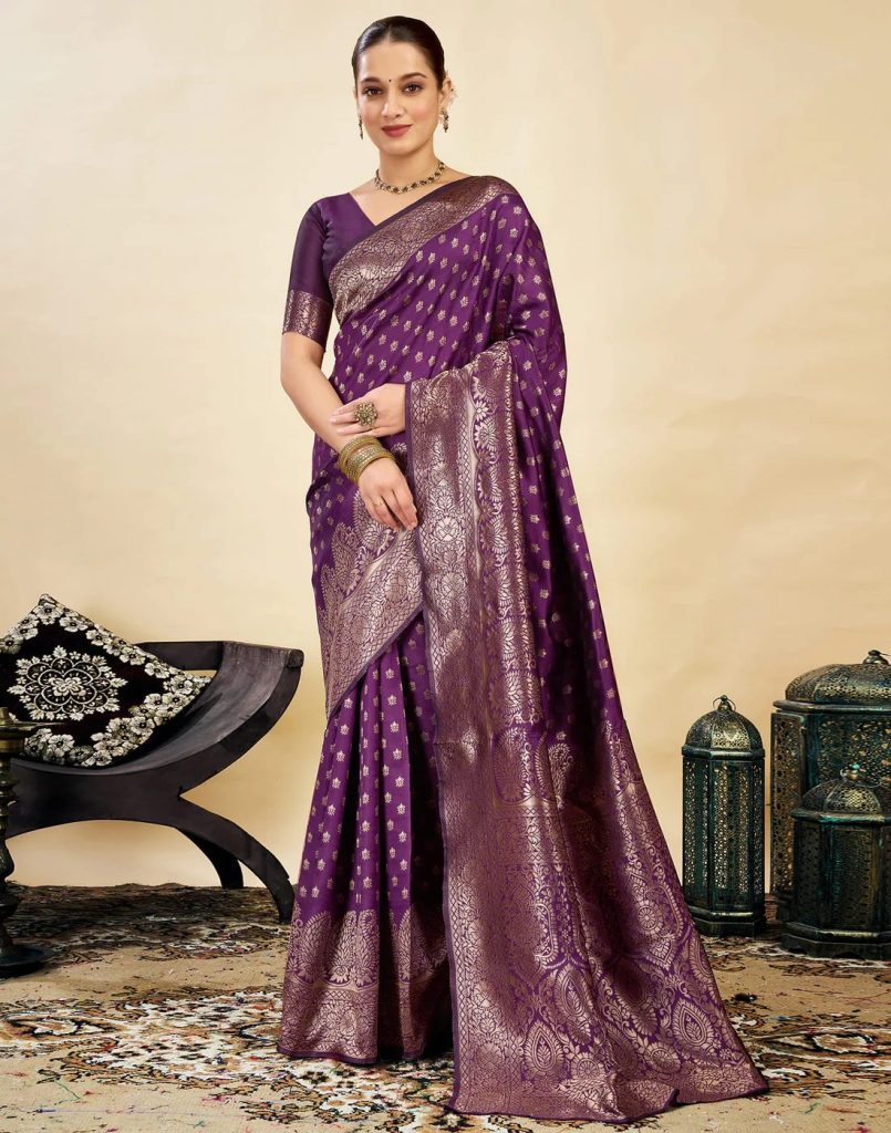 AXONIT Women's Silk Blend Banarasi Jacquard Classic Motif Design Saree with Unstitched Blouse Piece