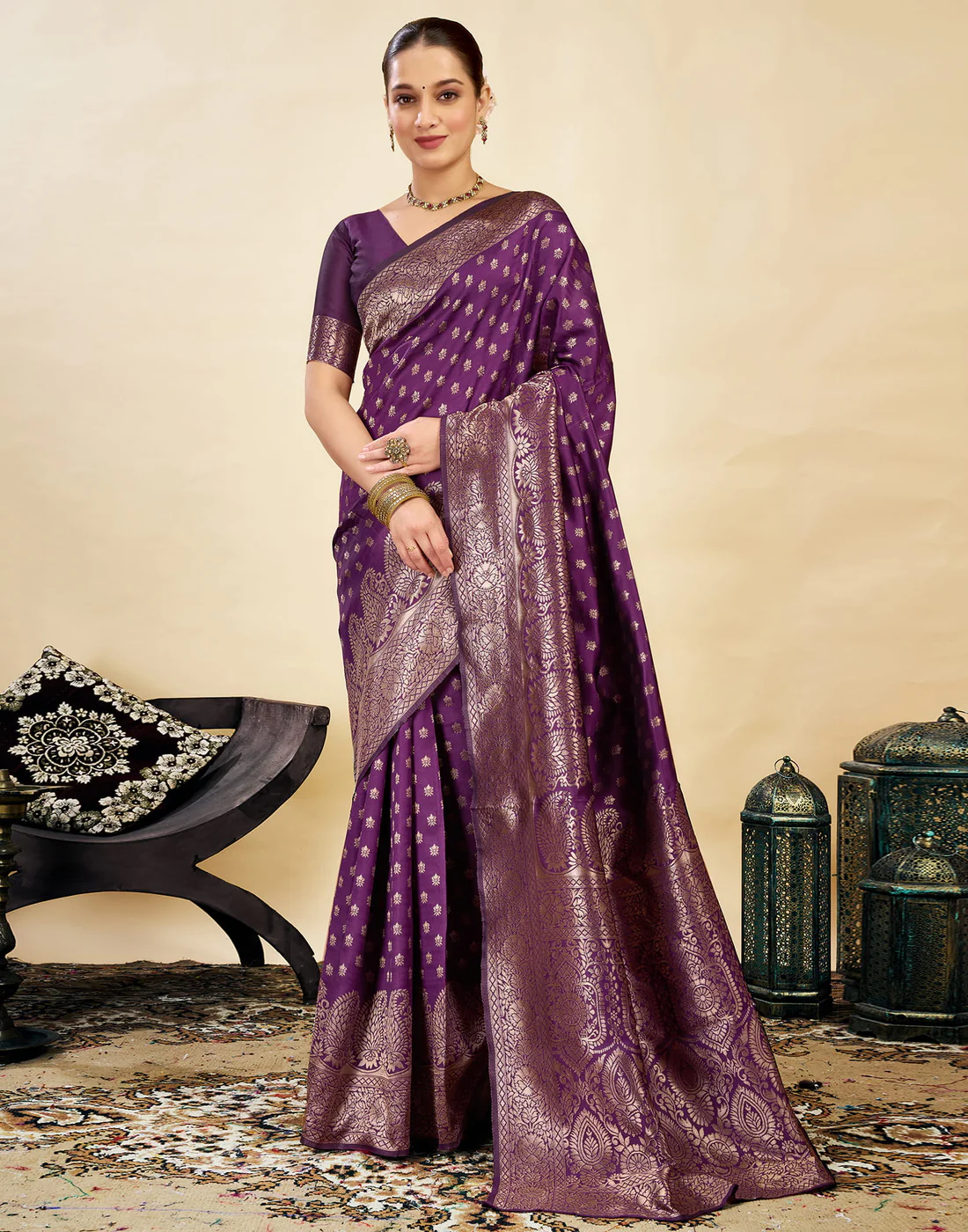 AXONIT Women's Silk Blend Banarasi Jacquard Classic Motif Design Saree with Unstitched Blouse Piece