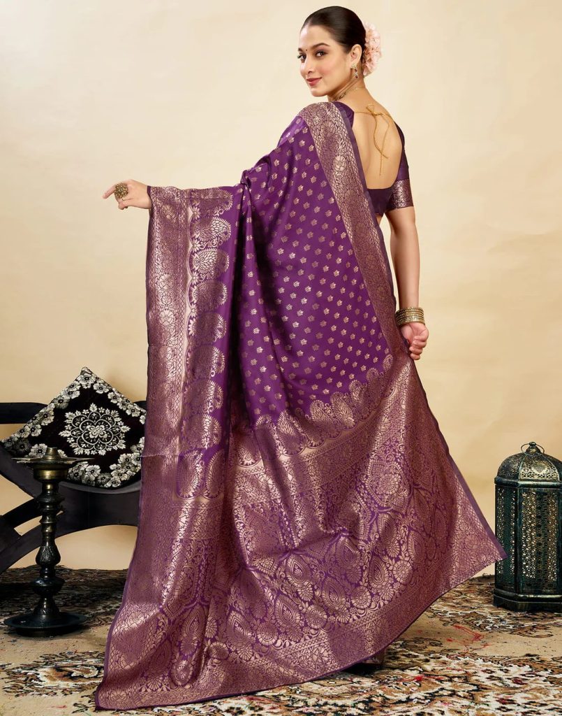 AXONIT Women's Silk Blend Banarasi Jacquard Classic Motif Design Saree with Unstitched Blouse Piece