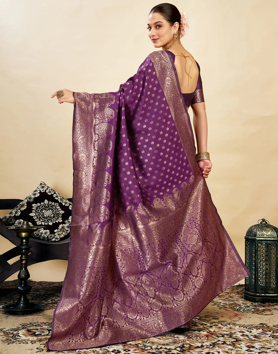 AXONIT Women's Silk Blend Banarasi Jacquard Classic Motif Design Saree with Unstitched Blouse Piece