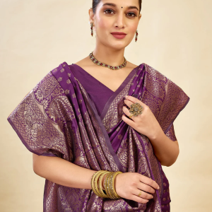 AXONIT Women's Silk Blend Banarasi Jacquard Classic Motif Design Saree with Unstitched Blouse Piece