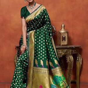 AXONIT Women's Silk Saree with Peacock & Floral Motifs & Multi-Color Weaving Pallu with Unstitched Blouse Piece - Green