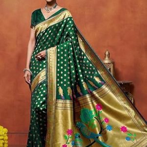 AXONIT Women's Silk Saree with Peacock & Floral Motifs & Multi-Color Weaving Pallu with Unstitched Blouse Piece - Green