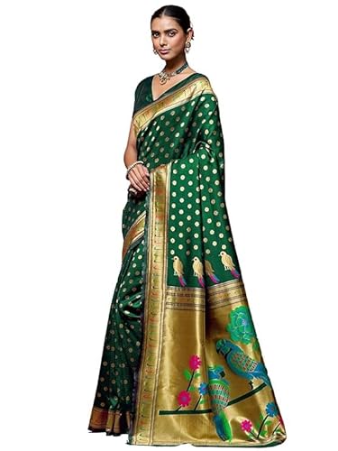 AXONIT Women's Silk Saree with Peacock & Floral Motifs & Multi-Color Weaving Pallu with Unstitched Blouse Piece - Green