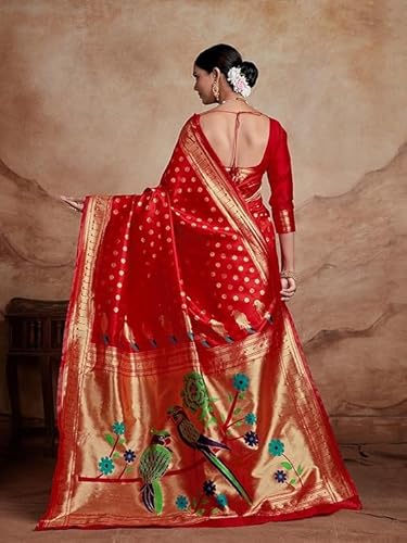 AXONIT Women's Silk Saree with Peacock & Floral Motifs & Multi-Color Weaving Pallu with Unstitched Blouse Piece - Red