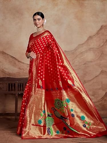 AXONIT Women's Silk Saree with Peacock & Floral Motifs & Multi-Color Weaving Pallu with Unstitched Blouse Piece - Red