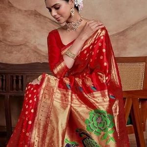 AXONIT Women's Silk Saree with Peacock & Floral Motifs & Multi-Color Weaving Pallu with Unstitched Blouse Piece - Red