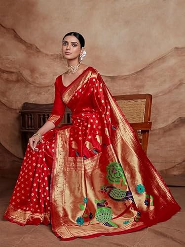 AXONIT Women's Silk Saree with Peacock & Floral Motifs & Multi-Color Weaving Pallu with Unstitched Blouse Piece - Red