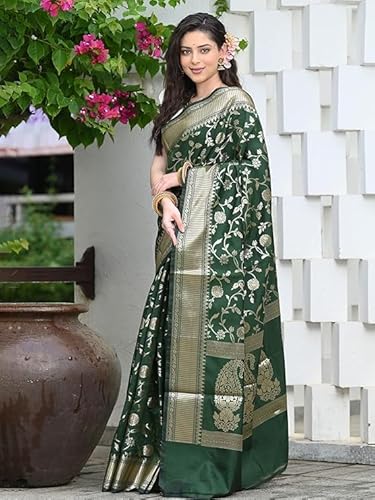 AXONIT Women's Silk Saree with Floral & Paisley Weaving & Traditional Golden Pallu with Unstitched Blouse Piece