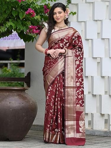 AXONIT Women's Silk Saree with Floral & Paisley Weaving & Traditional Golden Pallu with Unstitched Blouse Piece