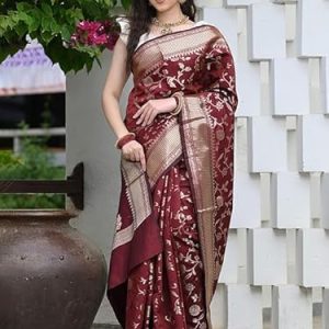 AXONIT Women's Silk Saree with Floral & Paisley Weaving & Traditional Golden Pallu with Unstitched Blouse Piece