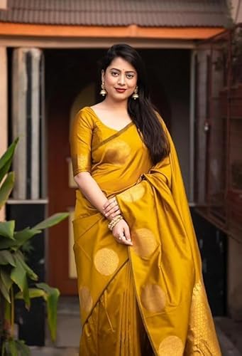 AXONIT Women's Silk Saree with Polka Butti Weaving & Golden Zari Pallu with Unstitched Blouse Piece