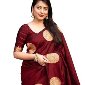 AXONIT Women's Silk Saree with Polka Butti Weaving & Golden Zari Pallu with Unstitched Blouse Piece