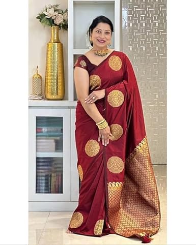 AXONIT Women's Silk Saree with Polka Butti Weaving & Golden Zari Pallu with Unstitched Blouse Piece