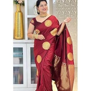 AXONIT Women's Silk Saree with Polka Butti Weaving & Golden Zari Pallu with Unstitched Blouse Piece