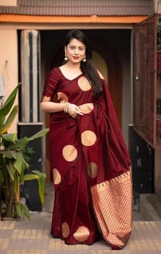AXONIT Women's Silk Saree with Polka Butti Weaving & Golden Zari Pallu with Unstitched Blouse Piece