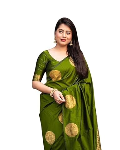 AXONIT Women's Silk Saree with Polka Butti Weaving & Golden Zari Pallu with Unstitched Blouse Piece