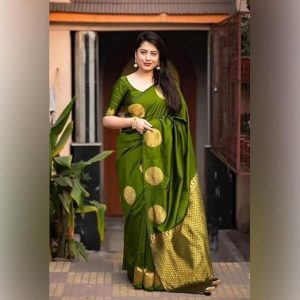 AXONIT Women's Silk Saree with Polka Butti Weaving & Golden Zari Pallu with Unstitched Blouse Piece
