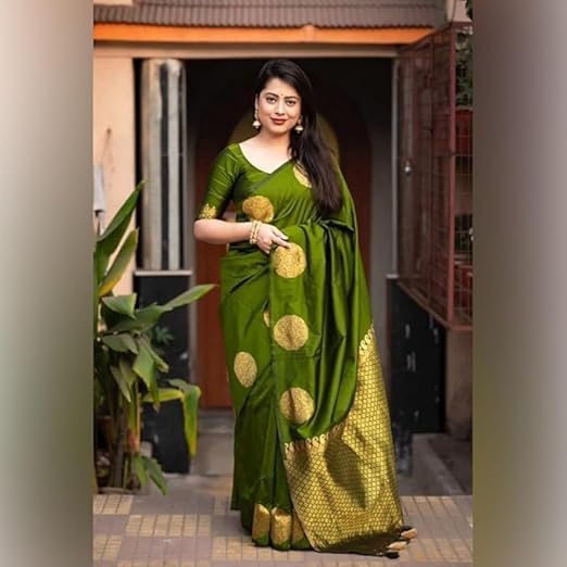 AXONIT Women's Silk Saree with Polka Butti Weaving & Golden Zari Pallu with Unstitched Blouse Piece
