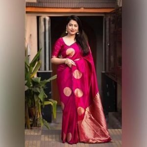 AXONIT Women's Silk Saree with Polka Butti Weaving & Golden Zari Pallu with Unstitched Blouse Piece