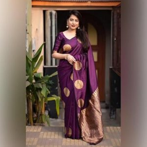 AXONIT Women's Silk Saree with Polka Butti Weaving & Golden Zari Pallu with Unstitched Blouse Piece