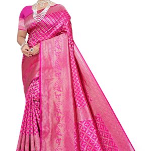 AXONIT Women's Banarasi Silk Saree with Golden Zari Weaving & Border with Unstitched Blouse Piece