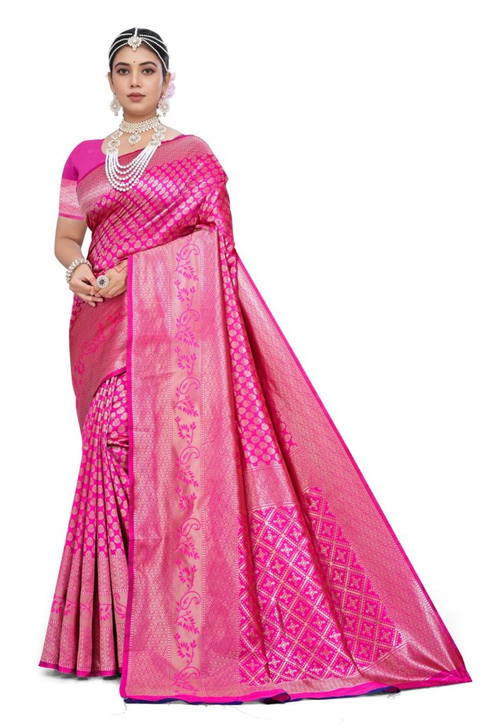 AXONIT Women's Banarasi Silk Saree with Golden Zari Weaving & Border with Unstitched Blouse Piece