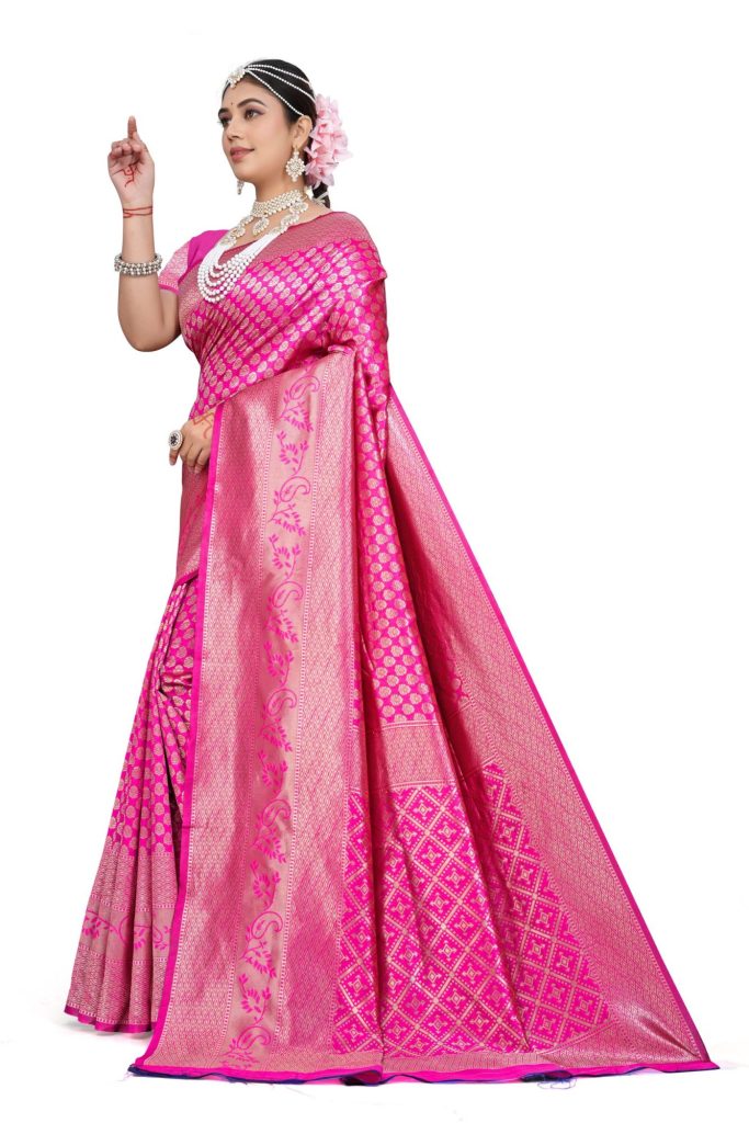 AXONIT Women's Banarasi Silk Saree with Golden Zari Weaving & Border with Unstitched Blouse Piece