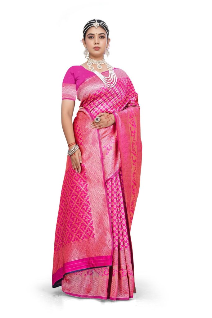 AXONIT Women's Banarasi Silk Saree with Golden Zari Weaving & Border with Unstitched Blouse Piece