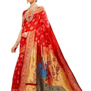 AXONIT Women's Premium Jacquard Silk Saree with Handcrafted Peacock Design with Unstitched Blouse Piece - Red