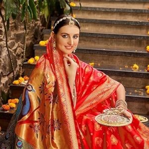 AXONIT Women's Premium Jacquard Silk Saree with Handcrafted Peacock Design with Unstitched Blouse Piece - Red
