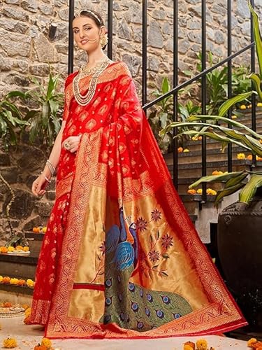 AXONIT Women's Premium Jacquard Silk Saree with Handcrafted Peacock Design with Unstitched Blouse Piece - Red