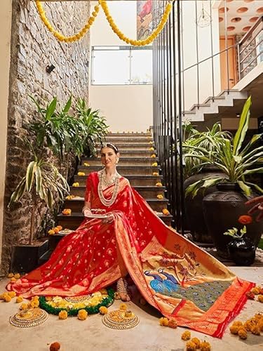 AXONIT Women's Premium Jacquard Silk Saree with Handcrafted Peacock Design with Unstitched Blouse Piece - Red