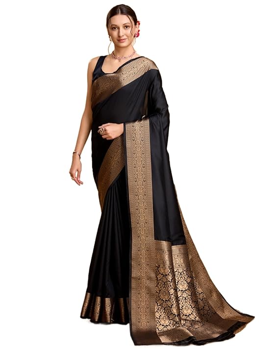 AXONIT Women's Premium Jacquard Silk Saree with Antique Gold Zari Border & Pallu weave & Unstitched Blouse Piece
