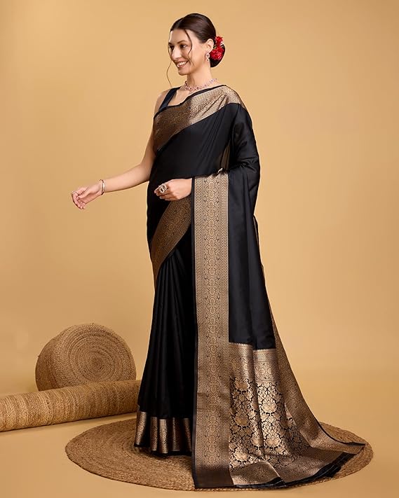 AXONIT Women's Premium Jacquard Silk Saree with Antique Gold Zari Border & Pallu weave & Unstitched Blouse Piece