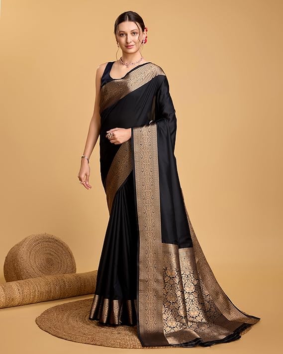 AXONIT Women's Premium Jacquard Silk Saree with Antique Gold Zari Border & Pallu weave & Unstitched Blouse Piece