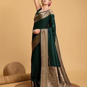 AXONIT Women's Premium Jacquard Silk Saree with Antique Gold Zari Border & Pallu weave & Unstitched Blouse Piece