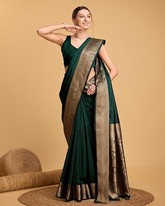 AXONIT Women's Premium Jacquard Silk Saree with Antique Gold Zari Border & Pallu weave & Unstitched Blouse Piece