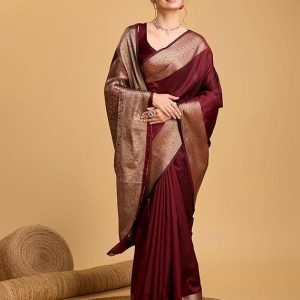 AXONIT Women's Premium Jacquard Silk Saree with Antique Gold Zari Border & Pallu weave & Unstitched Blouse Piece