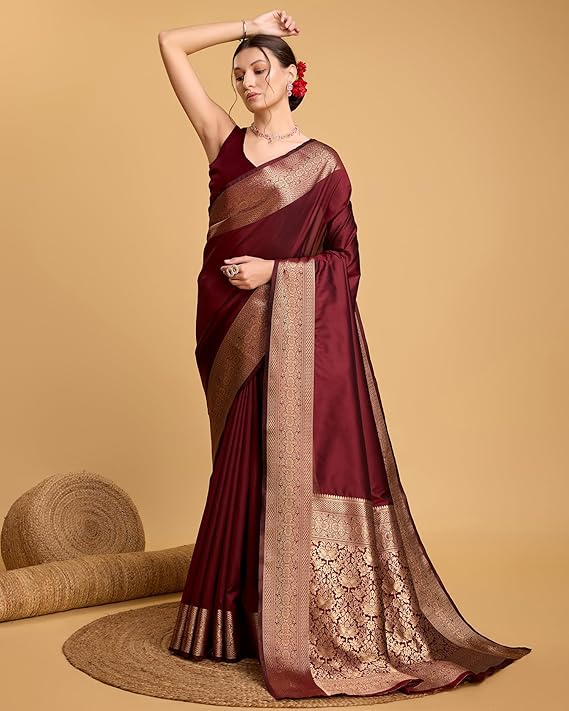 AXONIT Women's Premium Jacquard Silk Saree with Antique Gold Zari Border & Pallu weave & Unstitched Blouse Piece