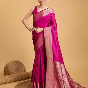AXONIT Women's Premium Jacquard Silk Saree with Antique Gold Zari Border & Pallu weave & Unstitched Blouse Piece
