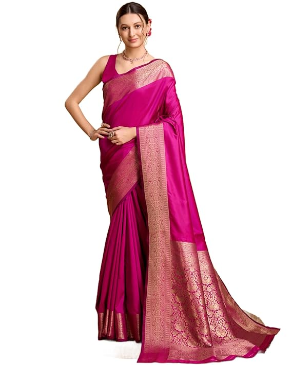 AXONIT Women's Premium Jacquard Silk Saree with Antique Gold Zari Border & Pallu weave & Unstitched Blouse Piece