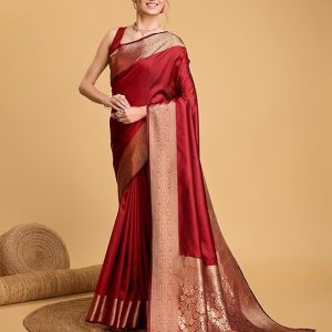 AXONIT Women's Premium Jacquard Silk Saree with Antique Gold Zari Border & Pallu weave & Unstitched Blouse Piece