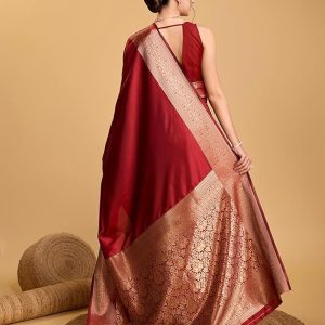 AXONIT Women's Premium Jacquard Silk Saree with Antique Gold Zari Border & Pallu weave & Unstitched Blouse Piece