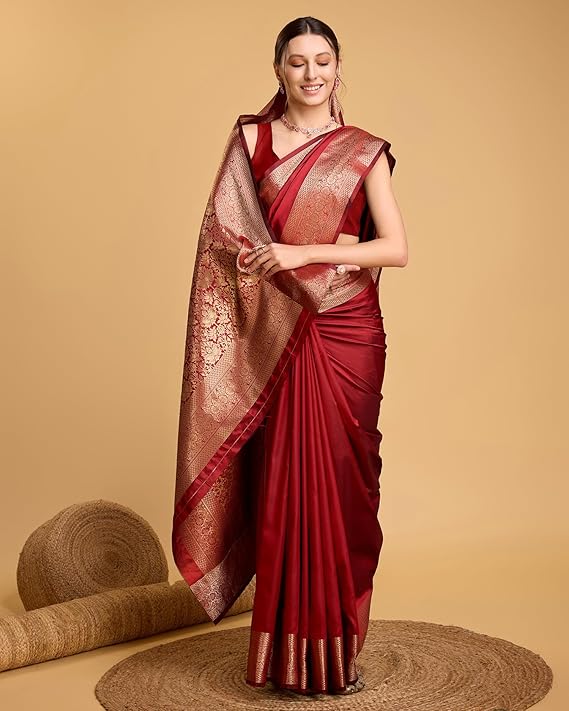 AXONIT Women's Premium Jacquard Silk Saree with Antique Gold Zari Border & Pallu weave & Unstitched Blouse Piece