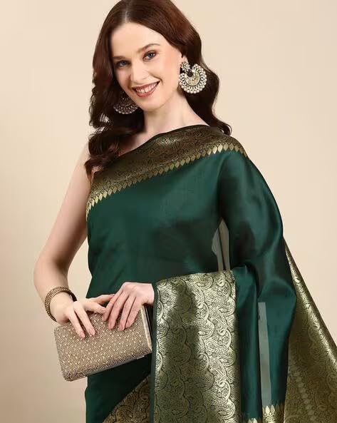 AXONIT Women's Premium Jacquard Silk Saree with Floral Brocade Border & Pallu Design with Unstitched Blouse Piece